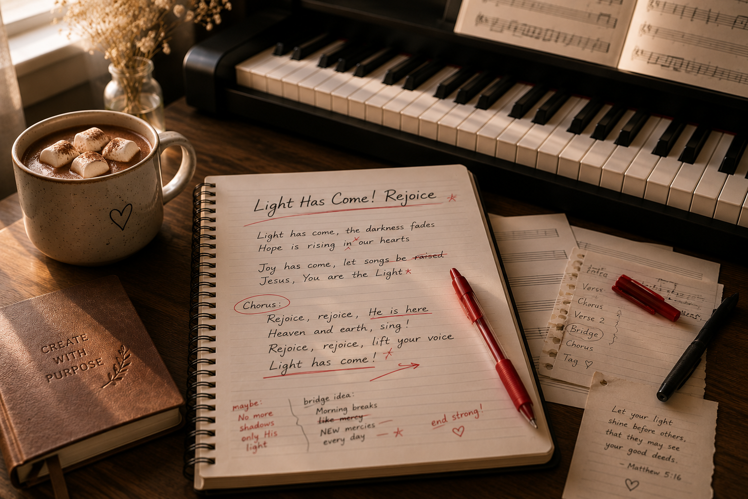 A songwriting desk at golden hour: handwritten lyrics for 'Light Has Come! Rejoice' in a spiral notebook, red pen, cocoa mug, sheet music, and a piano keyboard